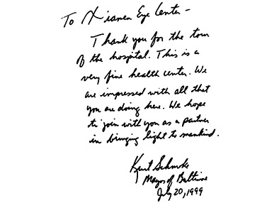 1999年，美国巴尔的摩市市长参观我院并留言。