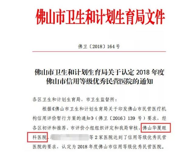 2018年度佛山市民营医疗机构信用等级评价中 佛山华厦眼科医院获评为为“ 单位”.jpg